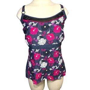 ILE Moorea Gray Floral Tankini Feminine Bathing Swim Top Built In Bra  Sz XL